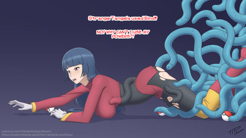 big_breasts doggy_style gloves gym_leader long_hair nintendo on_the_floor pokeball pokemon pokemon_(species) restrained sabrina_(pokemon) side_view skirt sweat tangela tentacle tentacle_under_clothes text the_tentacle_professor torn_clothes