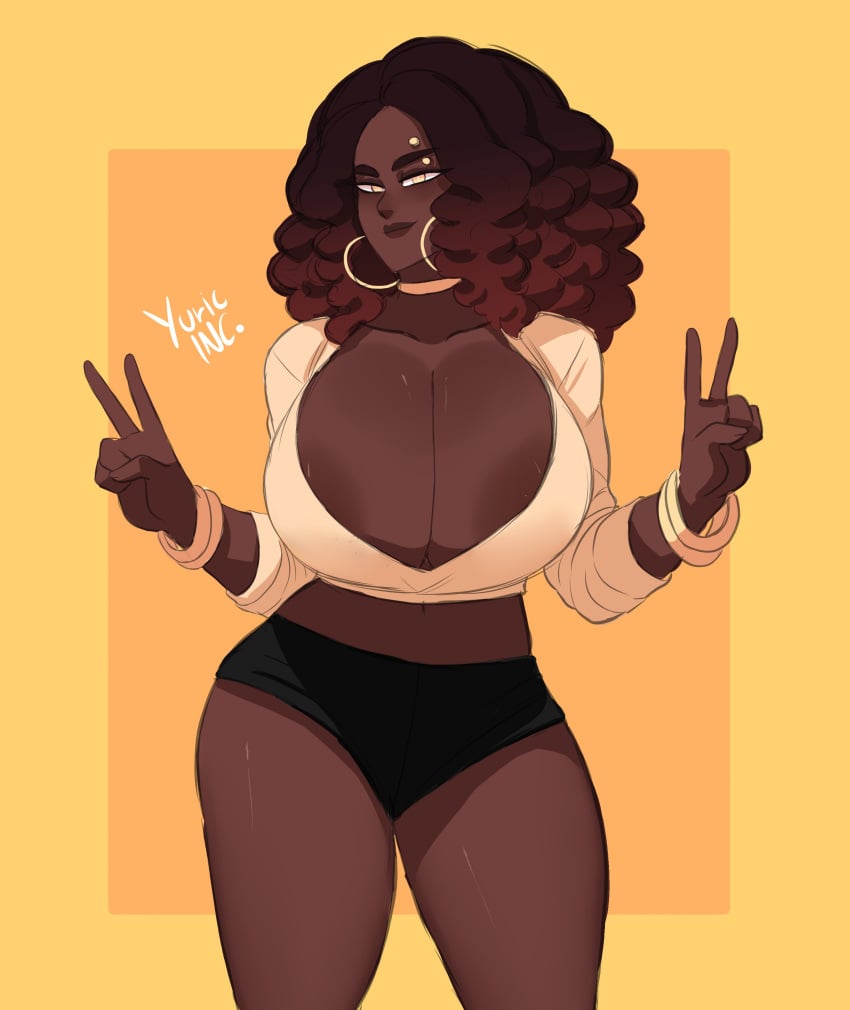 amonya_(yuric_inc) areola_slip areolae big_breasts bracelets choker crop_top dark-skinned_female double_v earrings eyebrow_piercing huge_breasts hyper_breasts large_breasts lucaslife_(yuric_inc) overflowing_breasts peace_sign shiny_breasts short_shorts thick_thighs thin_waist voluptuous wide_hips yuric_inc