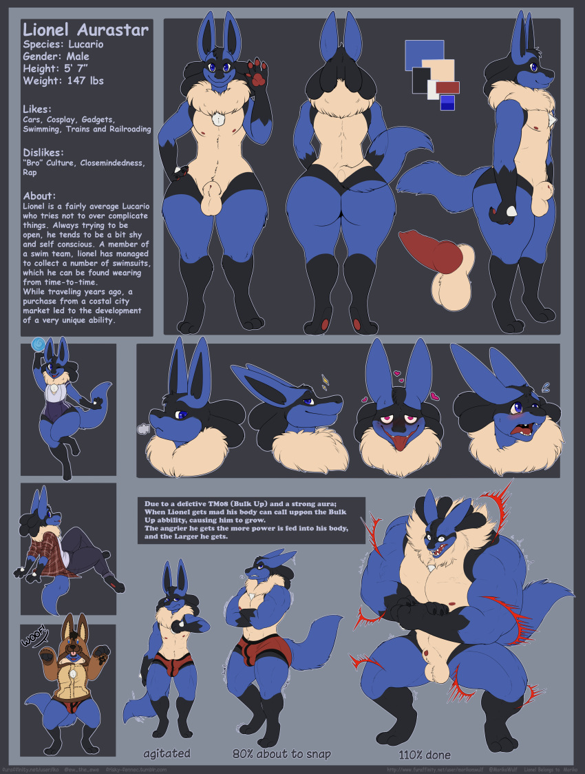 1boy angry animal_genitalia ass black_fur blue_eyes blue_fur bulge canine chibi clothed clothing color_swatch digital_media_(artwork) digitigrade expressions flexing fluffy front_view fur furry growth hi_res hoodie iko knot lionel_aurastar lucario male male_only mammal model_sheet muscular neck_tuft nintendo nipples nude original_character pawpads penis pokemon pokemon_(species) pokemon_dppt rear_view sheath side_view solo spikes swimsuit tan_fur testicles text thick_thighs tuft underwear video_games wide_hips