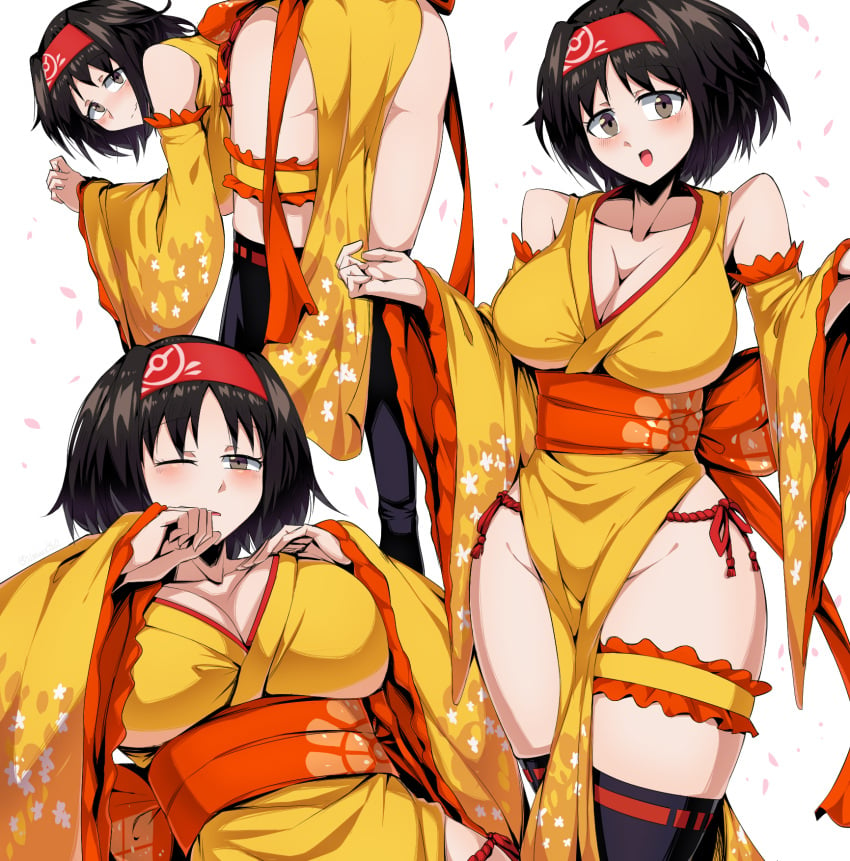 2021 bare_shoulders bare_thighs bending_over bent_over big_breasts black_hair breasts butt cleavage collarbone detached_sleeves erika_(pokemon) erika_(pokemon_hgss) female gym_leader japanese_clothes kimono nintendo no_panties pelvic_curtain pokemon pokemon_hgss short_black_hair short_hair solo suzusiigasuki tagme thick thick_thighs