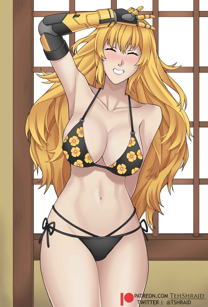 bikini bikini_bottom bikini_top blonde_female blonde_hair kitagawa_marin_(cosplay) long_hair long_hair_female purple_eyes robotic_arm rwby sono_bisque_doll_wa_koi_wo_suru tehshraid yang_xiao_long