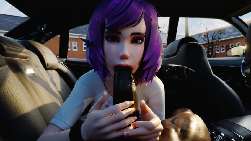 1boy 1girls 3d andavaverse big_penis blue_eyes bracelet car dark-skinned_male fellatio female inside_car interracial lateoutdated long_nails looking_at_viewer male male_pov oral pelo piercing pov purple_hair road_head sex shiny_skin shirt