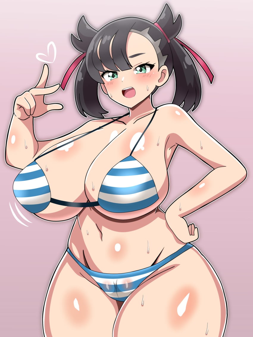 1girls big_breasts bikini bikini_bottom bikini_top black_hair blush bottomwear breasts cleavage female female_only game_freak green_eyes hair hand_on_hip heart hips huge_breasts large_breasts marnie_(pokemon) pokemon pokemon_ss smile snowpowder198 solo solo_female striped_bikini sweat sweatdrop swimwear topwear twintails wide_hips