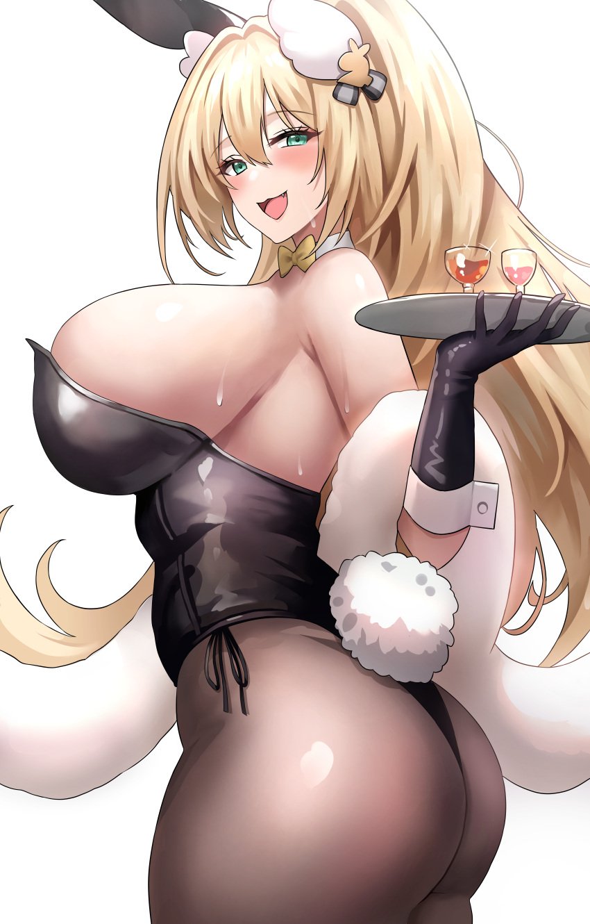 1girls ass blonde_hair breasts bunny_ears bunny_girl bunny_tail bunnysuit cute_fang female gloves goddess_of_victory:_nikke green_eyes gyaru hi_res huge_breasts jasony large_ass leotard light-skinned_female light_skin long_hair pantyhose rupee_(nikke) thick_thighs