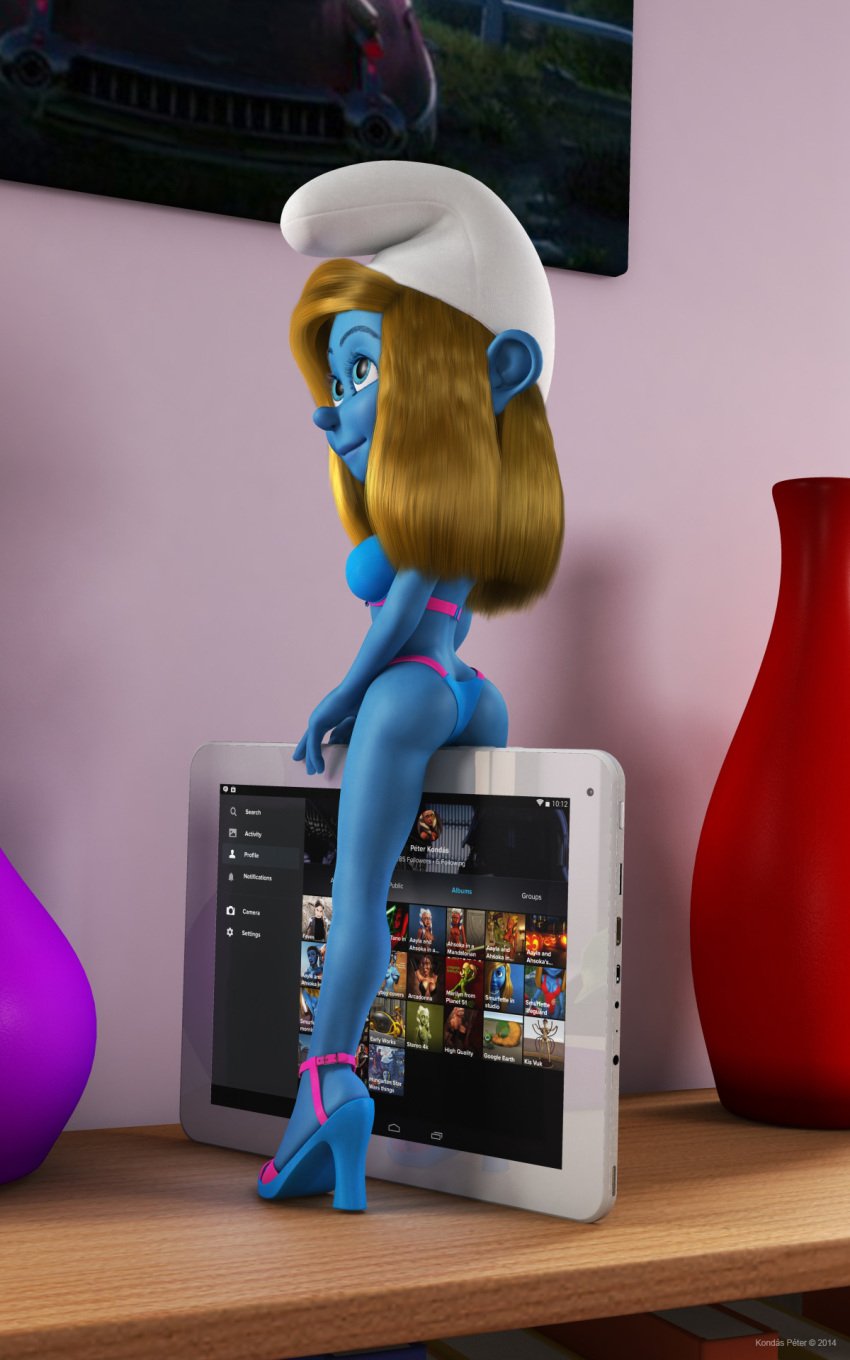 1girls 3d artist_name back_view bare_shoulders big_breasts bikini bikini_bottom bikini_top blonde_hair blue_eyes blue_lips blue_skin book breasts busty butt_crack curvy detailed_background eyelashes female female_only hat high_heels hourglass_figure humanoid indoors inside kondaspeter mammal micro midriff minigirl pose posing room shadow shiny shiny_skin smurfette solo standing swimsuit tablet the_smurfs thong voluptuous wide_hips yellow_hair