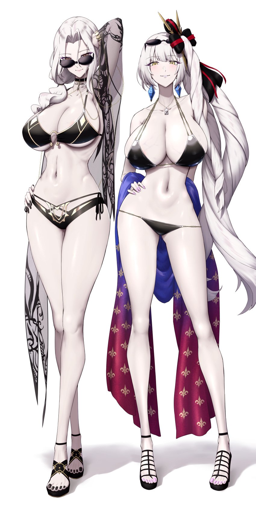 2girls bikini breasts carmilla_(fate) carmilla_(swimsuit_rider) fate/stay_night fate_(series) female hi_res huge_breasts light-skinned_female light_skin long_hair marie_antoinette_(alter)_(fate) naughty_face pale-skinned_female pale_skin shiroshisu side_ponytail thick_thighs white_hair wide_hips