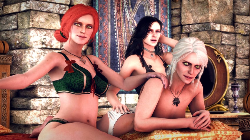 3d 3girls ass_grab black_hair ciri female flightkiss green_eyes light-skinned_female looking_at_viewer multiple_girls panties purple_eyes red_hair scar the_witcher_(series) the_witcher_3:_wild_hunt triss_merigold underwear white_hair witcher_medallion yennefer