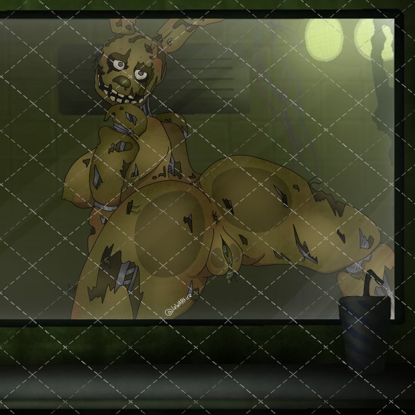 1girls animatronic anthro anus ass_against_glass breasts female female_only five_nights_at_freddy's five_nights_at_freddy's_3 genderswap genderswap_(mtf) genitals glass hi_res lewarfire machine nude pussy robot rule_63 scottgames solo springtrap springtrap_(fnaf)