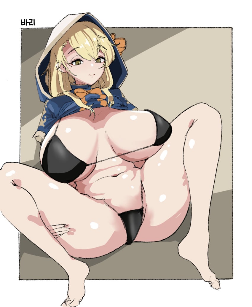 alternate_version_available bad_id bad_pixiv_id bari_(guardian_tales) big_breasts black_bikini blonde_hair dark_green_eyes flower_girl_bari_(guardian_tales) guardian_tales hooded_cloak legs_apart short_hair vlzkcbqorn