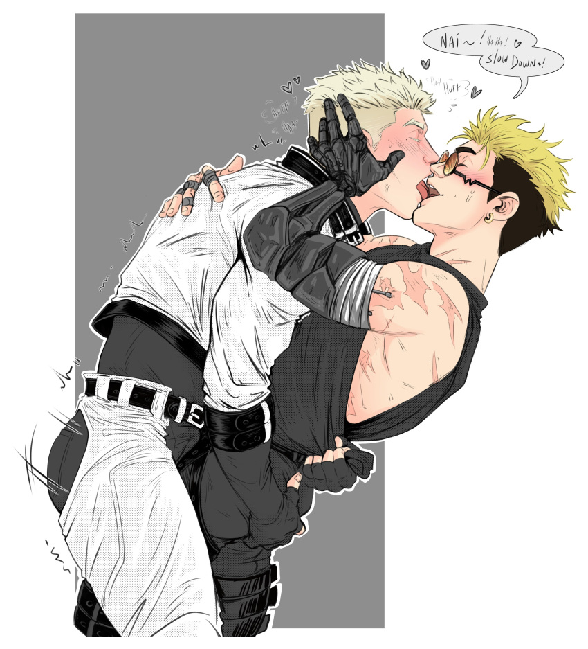 2boys arms_around_waist blush closed_eyes clothed clothed_male color english_text fingerless_gloves incest kissing male/male male_only mechanical_arm millions_knives scars scars_all_over spats sweat tongue_kiss tongue_out trigun trigun_stampede vash_the_stampede yamzokk yaoi