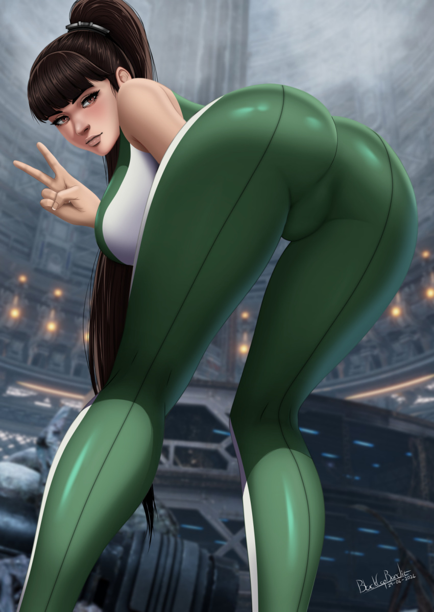 ass bent_over big_ass big_breasts big_thighs blackcapbandit breasts brown_eyes butt clothed digital_drawing_(artwork) eve_(stellar_blade) female female_only gaming huge_ass huge_breasts huge_thighs latex_suit long_hair pinup ponytail solo stellar_blade thick_hips thick_thighs thighs tight_clothing