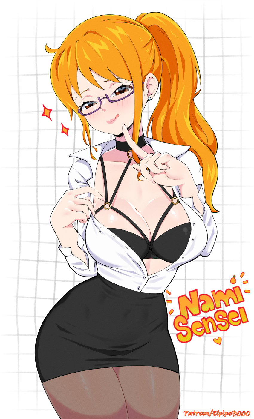 1girls big_breasts blush bra clothed clothing color elpipe3000 english_text female female_focus female_only glasses hi_res large_breasts light-skinned_female light_skin long_hair looking_at_viewer nami nami_(one_piece) one_piece orange_eyes orange_hair post-timeskip shounen_jump solo solo_female tagme teacher teacher_outfit text thick_thighs