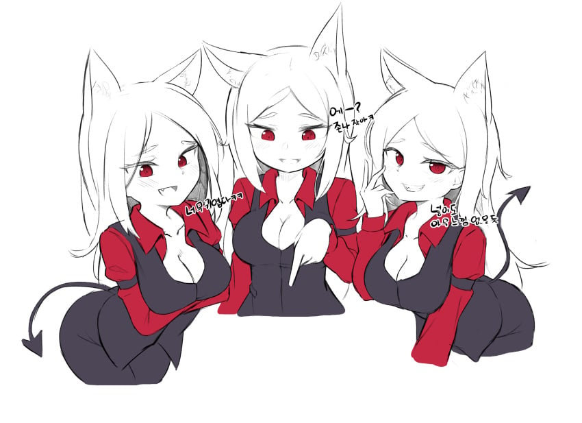 3girls cerberus_(helltaker) demon dog_ears female female_only hapy helltaker red_eyes tagme white_hair