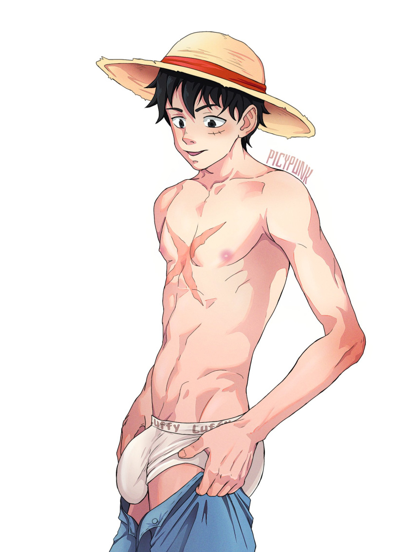 1boy big_penis bulge bulge_through_clothing getting_undressed male male_only monkey_d_luffy muscles muscular muscular_male one_piece picypunk scar skinny solo straw_hat underwear underwear_bulge white_underwear young