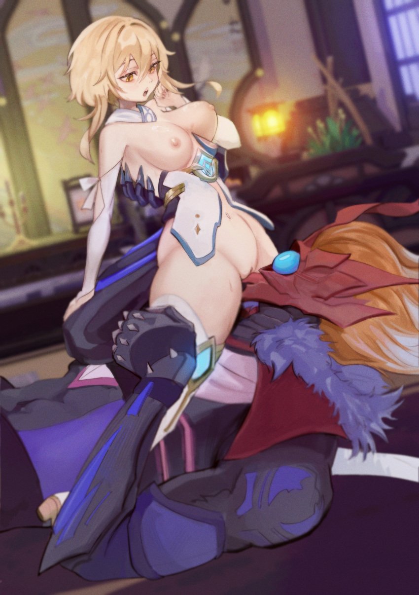 1boy 1girls akagamisusu blonde_female blonde_hair breasts breasts_out childe_(genshin_impact) cunnilingus facesitting foul_legacy_transformation genshin_impact ginger human interspecies lumine_(genshin_impact) monster oral oral_sex size_difference straddling straight tartaglia_(genshin_impact) teratophilia thighhigh_boots thighhighs tits_out yellow_eyes