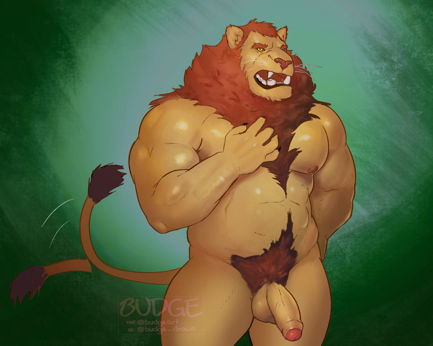 2023 abs anthro balls belly_hair biceps body_hair broken_tooth budgeart chest_hair chipped_tooth deltoids fangs felid flaccid foreskin genitals green_background hand_behind_back hand_on_chest happy_trail hi_res lion looking_at_viewer male male_focus male_only mammal mane manly mature_male muscular muscular_arms muscular_legs nipples nude open_mouth pantherine pecs penis pubes simple_background solo standing tail tail_motion teeth triceps vein veiny_penis yawn yellow_sclera