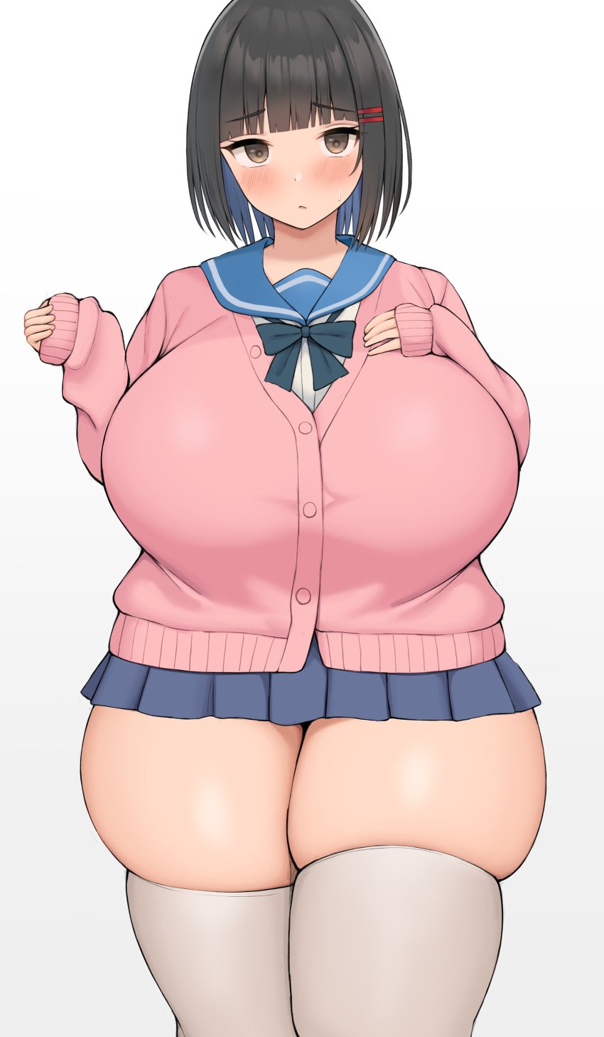 1girls big_areola breasts brown_eyes brown_hair chubby female hi_res hips huge_breasts light-skinned_female light_skin neneneji original original_character school_uniform schoolgirl short_hair skindentation thick_thighs thighhighs thighs voluptuous wide_hips