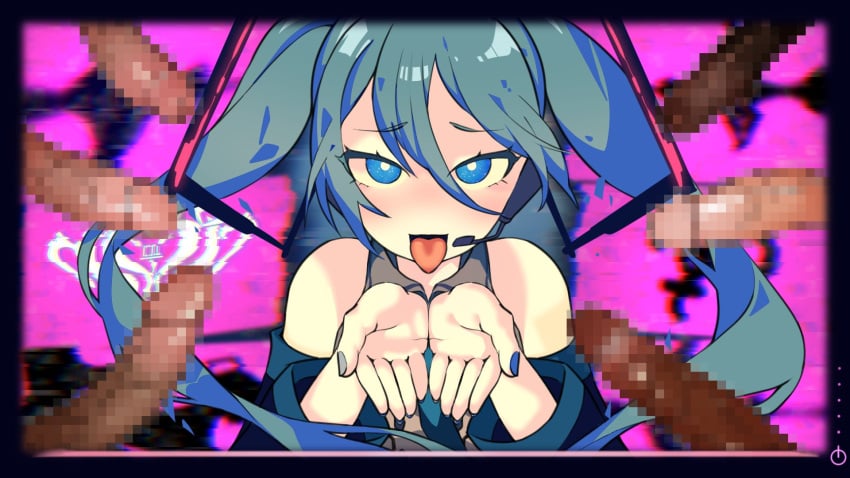 1girls 6boys aqua_eyes aqua_hair aqua_nails aqua_trim bare_shoulders black_sleeves blue_border censored censored_penis detached_sleeves glitch grey_shirt hair_between_eyes hatsune_miku hibikase_(vocaloid) looking_at_viewer migumight mosaic_censoring multiple_boys nail_polish own_hands_together penis pink_background pov sleeveless sleeveless_shirt solo_focus tongue tongue_out twintails vocaloid