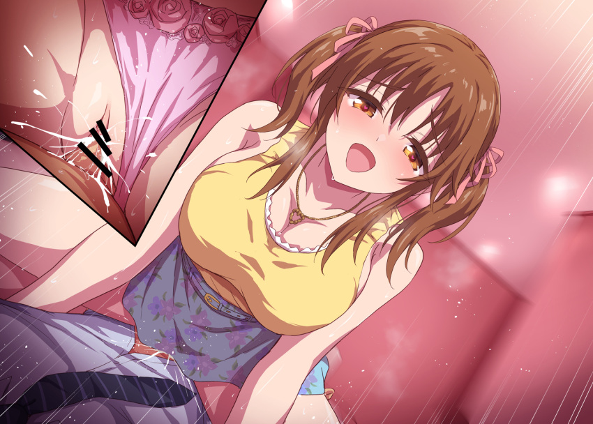 1boy :d bar_censor bed black_necktie blue_skirt blush breasts brown_eyes brown_hair censored cowgirl_position cum cum_in_pussy cum_inside ejaculation female idolmaster idolmaster_cinderella_girls indoors jewelry large_breasts marugoshi_(54burger) medium_hair multiple_views necklace necktie on_bed open_mouth panties_aside pink_ribbon print_skirt pussy ribbon sex shirt skirt sleeveless smile straddling straight striped_necktie tank_top totoki_airi twintails vaginal_penetration white_shirt yellow_tank_top