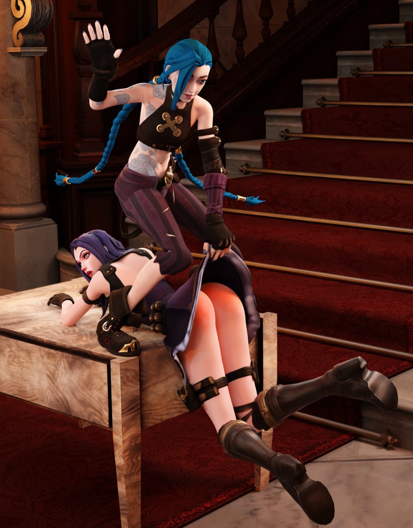 2girls 3d arcane arcane_caitlyn arcane_jinx ass ass_focus bare_ass blender blue_hair caitlyn_kiramman discipline dominant_female female female_only femdom jinx_(league_of_legends) kinkblink league_of_legends multiple_girls naughty punishment riot_games skirt_lift slapping_butt spank_marks spanked_butt spanking steampunk submissive twin_braids twintails video_games yuri