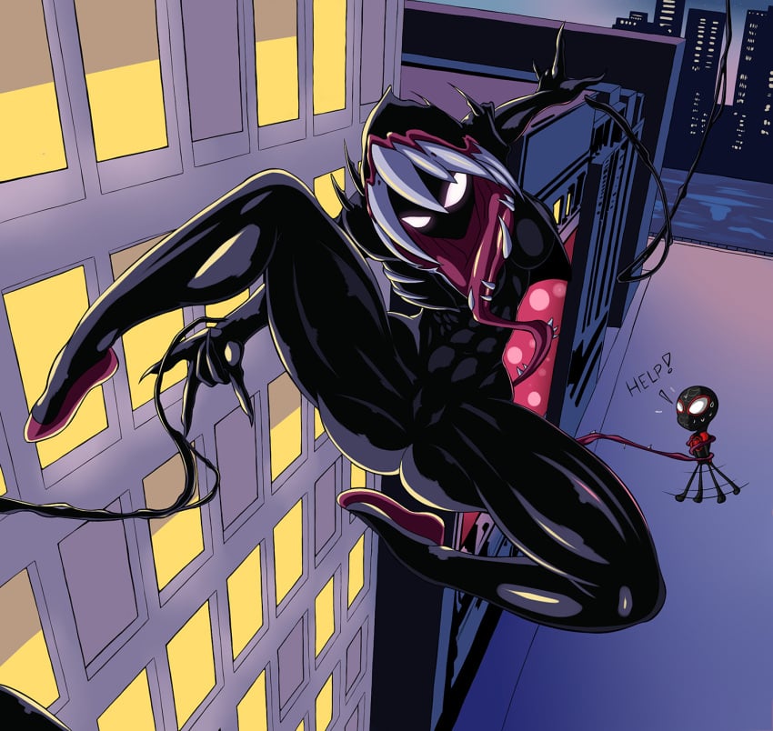 1boy 1girls abs athletic athletic_female black_suit bodysuit bound calf_muscles city_background clawed_fingers claws eight_pack female fit fit_female gwen_stacy gwenom hood jacket light_eyes living_clothes marvel mask masked masked_female masked_male medium_breasts miles_morales muscular_arms muscular_legs muscular_thighs six_pack spider-gwen spider-man spider-man:_across_the_spider-verse spider-man:_into_the_spider-verse spider-man_(series) spider_web superhero superhero_costume superheroine symbiote tacticoolmofo venom venom_(marvel)