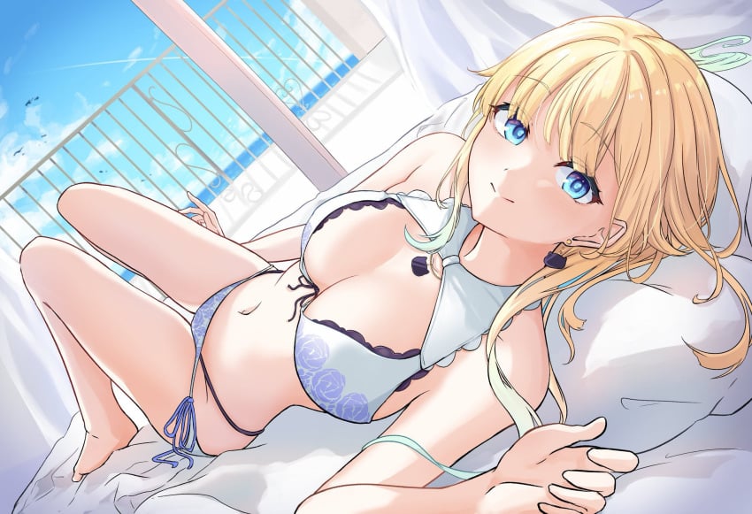 1girls aizawa_ema aizawa_ema_(summer_c102) animal_earrings barefoot bed big_breasts bikini blonde_hair blue_eyes blue_sky dangle_earrings earrings floral_print front-tie_bikini_top front-tie_top full_body gradient_hair halterneck highleg highleg_bikini highres jewelry lace-trimmed_bikini lace_trim large_breasts looking_at_viewer lying multicolored_hair navel ocean ogura_toast on_back on_bed pillow railing side-tie_bikini_bottom sky smile solo swimsuit virtual_youtuber vspo! white_bikini