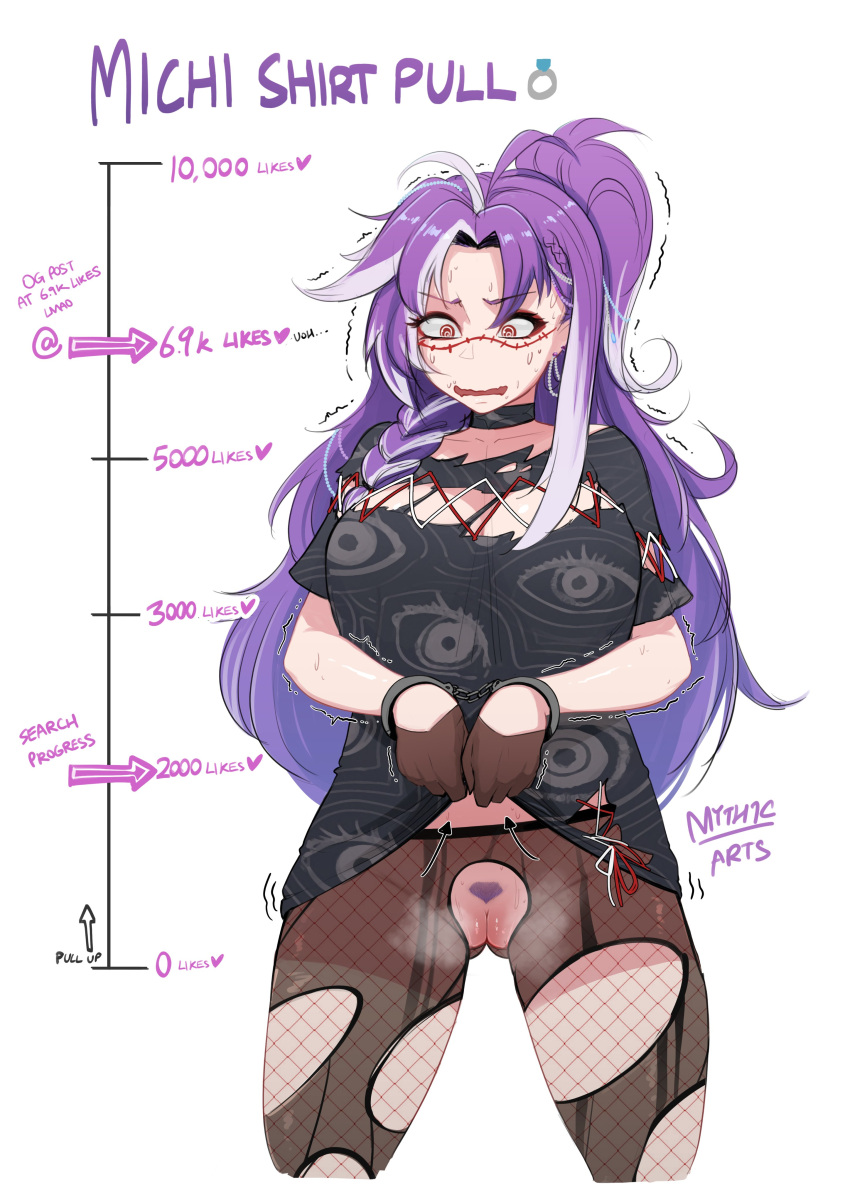 1girls bottomless bottomless_female female female_only fishnets functionally_bottomless handcuffs light_skin long_hair michi_mochievee myth1c myth1carts pubic_hair purple_hair pussy solo stitches virtual_youtuber vshojo white_background