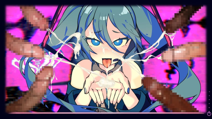 1girls 6boys aqua_eyes aqua_hair aqua_nails aqua_trim bare_shoulders black_sleeves blue_border censored censored_penis cum cum_everywhere cum_on_face cum_on_hands detached_sleeves disembodied_penis ejaculation glitch grey_shirt hair_between_eyes hatsune_miku hibikase_(vocaloid) looking_at_viewer migumight mosaic_censoring multiple_boys nail_polish own_hands_together penis pink_background pov sleeveless sleeveless_shirt solo_focus surrounded_by_penises tongue tongue_out twintails vocaloid