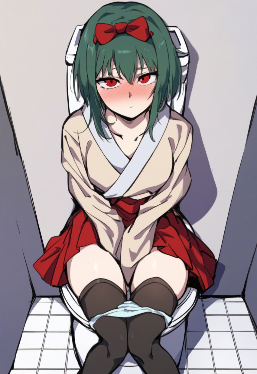 ai_generated arms_between_legs bathroom between_legs black_thighhighs blue_panties blush bow breasts closed_mouth collarbone covering covering_crotch dark_green_hair embarrassed female green_hair gumi hair_between_eyes hairbow hakama hakama_short_skirt hakama_skirt hand_between_legs indoors japanese_clothes kimono knees_together_feet_apart long_sleeves looking_at_viewer looking_up mai_shishikusa masa_works_design milua oni_to_kitsune_no_hanashi panties panty_pull pleated_skirt pony_diffusion_xl red_bow red_eyes red_hakama red_skirt self_upload short_hair sidelocks sitting skirt solo solo_female thighhighs tile_floor tiles toilet underwear v_arms vocaloid