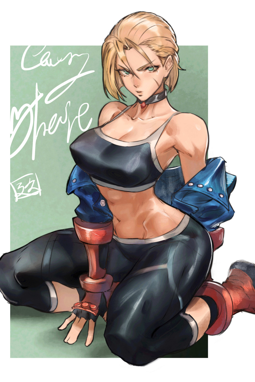 1girls absurdres bare_shoulders black_choker black_pants black_sports_bra blonde_hair blue_eyes blue_jacket breasts cammy_white choker cleavage collarbone commentary facial_scar female female_only fingerless_gloves fully_clothed gloves highres jacket juaagacgy kneeling kyuuakaku large_breasts looking_at_viewer midriff navel pants red_footwear red_gloves scar scar_on_cheek scar_on_face short_hair solo sports_bra street_fighter street_fighter_6 yoga_pants