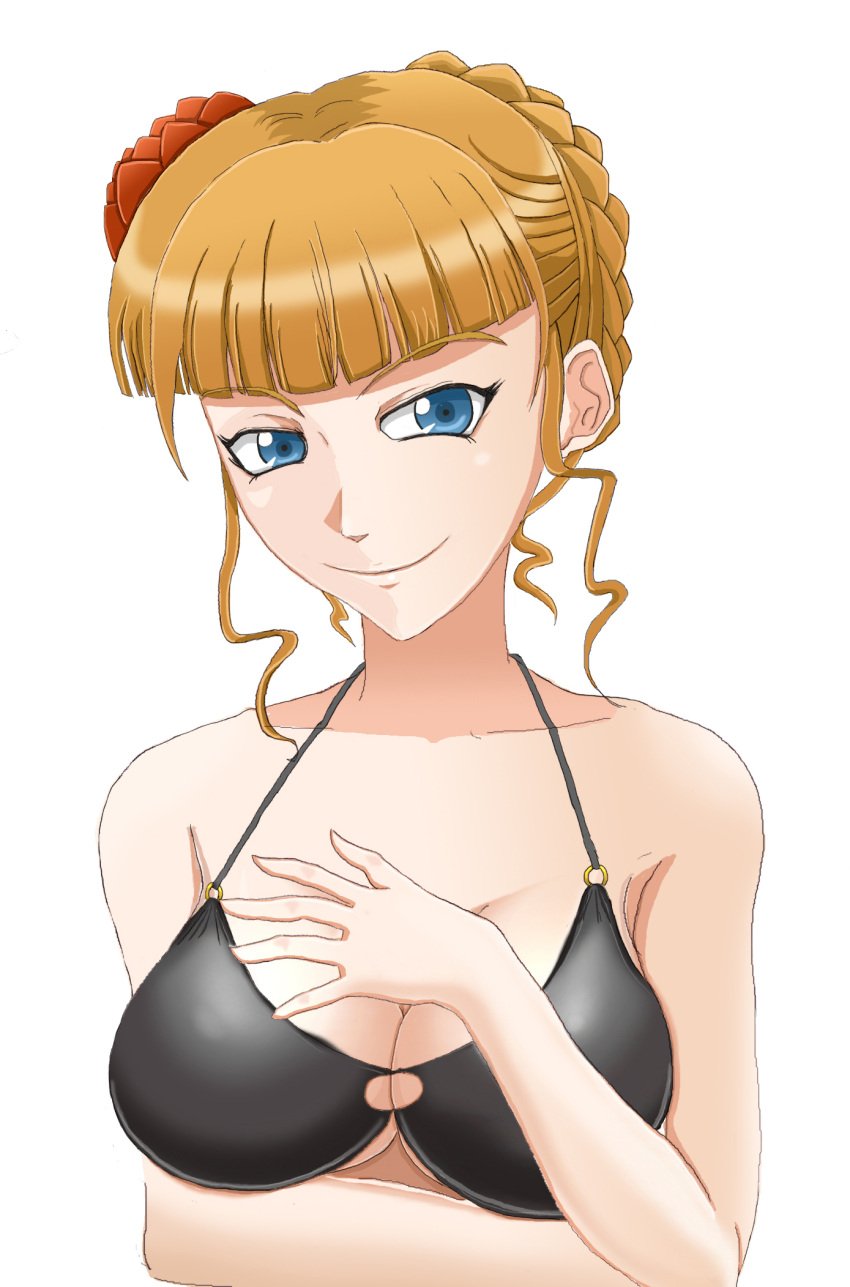 07th_expansion 1girls beatrice_(umineko) bikini blonde_female blonde_hair blue_eyes bra breasts female female_only flower flower_in_hair hand_on_breast large_breasts smile umineko_no_naku_koro_ni young young_woman younger_female