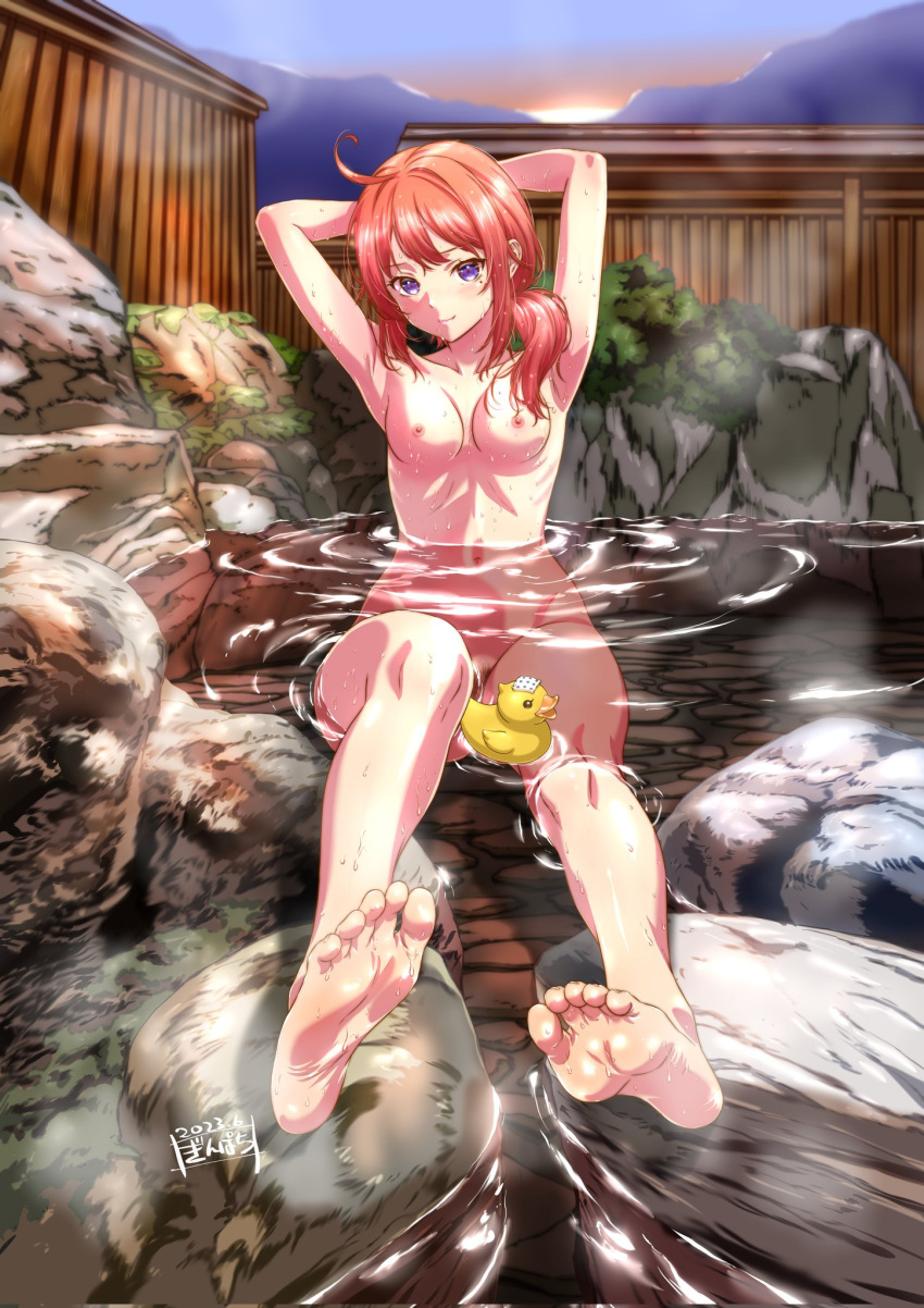 armpits arms_up bare_arms bare_legs bare_shoulders barefoot bathing bird casual casual_exposure casual_nudity duck feet female full_body highres looking_at_viewer naked navel nipples no_bra no_panties nonsexual_nudity nude onsen original ponytail pubic_hair purple_eyes pussy red_hair rock rubber_duck side_ponytail soles solo solo_female watanabe_yoshihiro wet