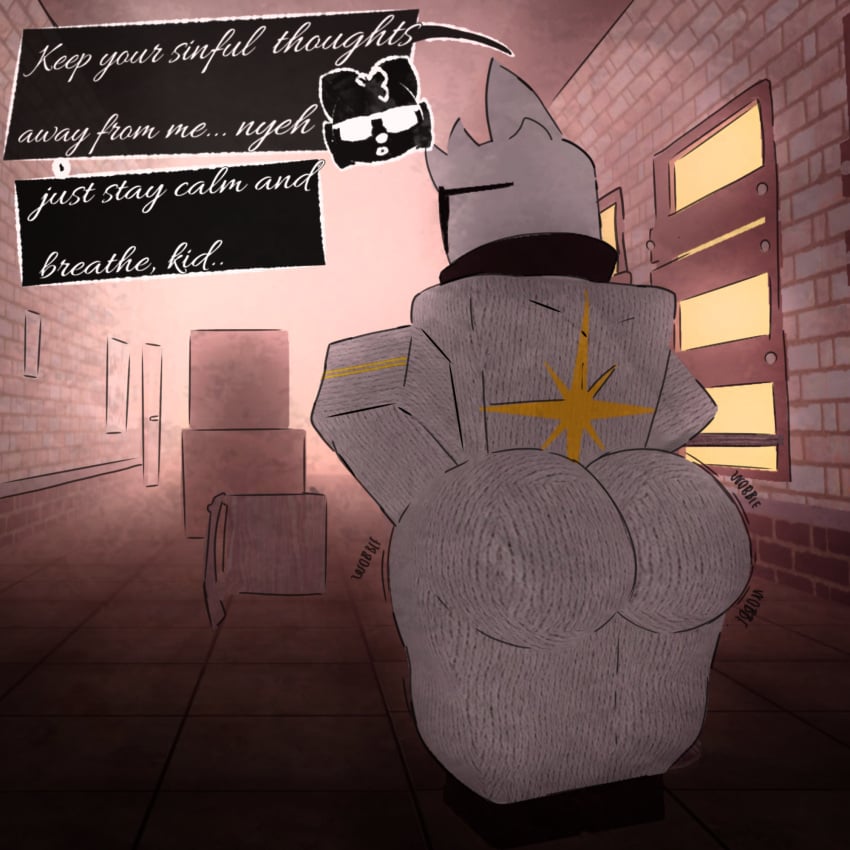 1boy 1femboy 3d adult_male big_butt black_text domestic_cat femboy furry glasses hallway lighting long_dress no_tail priest roblox robloxian solo talking_to_viewer text_bubble white_fur