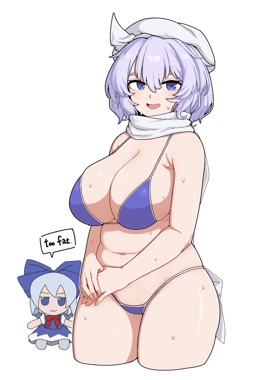 2girls bare_arms bare_legs bare_shoulders bikini blue_bikini blue_eyes blush breasts character_doll chubby chubby_female cirno cleavage cowboy_shot cropped_legs female formicid fumo_(doll) fumo_plush hair_between_eyes hat highres large_breasts letty_whiterock mature_female milf open_mouth purple_hair scarf short_hair simple_background solo swimsuit touhou white_background white_hat white_scarf