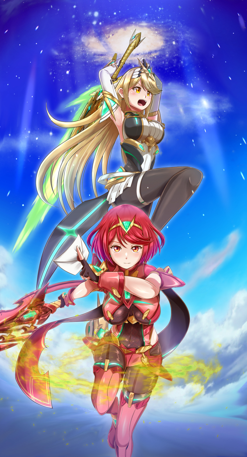 2girls absurd_res aegis_sword_(xenoblade) backless_outfit bare_shoulders big_breasts black_thighhighs blonde_hair cloud core_crystal core_crystal_(xenoblade) covered_navel dress drop_earrings earrings fingerless_gloves front-seamed_legwear gloves high_res impossible_clothes jewelry long_hair looking_at_viewer microdress multiple_girls mythra mythra_(massive_melee)_(xenoblade) nintendo open_mouth pantyhose pantyhose_under_shorts pyra red_eyes red_hair red_shorts samu_poteto seamed_legwear short_hair short_shorts shorts skindentation sky smash_invitation stockings super_smash_bros._ultimate swept_bangs thighhighs_over_pantyhose tiara very_long_hair weapon white_dress white_gloves xenoblade_(series) xenoblade_chronicles_2 yellow_eyes