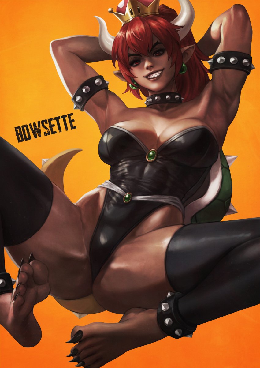 1girls barefoot bowsette busty cleavage crown dark-skinned_female dark_skin earrings grin horns legs mario_(series) monorirogue muscular muscular_female new_super_mario_bros._u_deluxe nintendo pointy_ears red_bowsette red_eyes red_hair sharp_claws sharp_teeth spiked_collar spikes tail turtle_shell