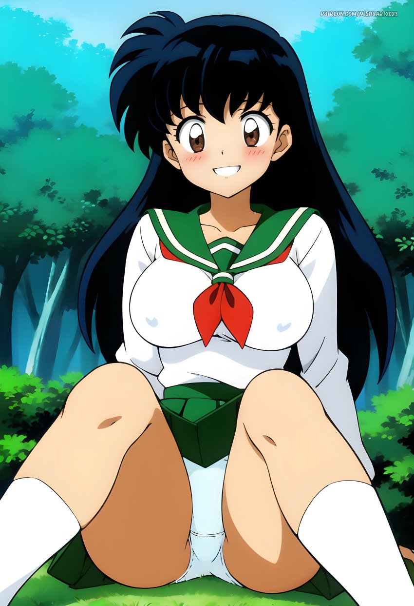 1female 1girls ai_generated bangs big_breasts breasts commentary_request english_commentary hi_res highres inuyasha kagome_higurashi long_hair nipples nipples_visible_through_clothing panties school_girl school_uniform schoolgirl schoolgirl_uniform seifuku serafuku solo spread_legs student tagme very_high_resolution