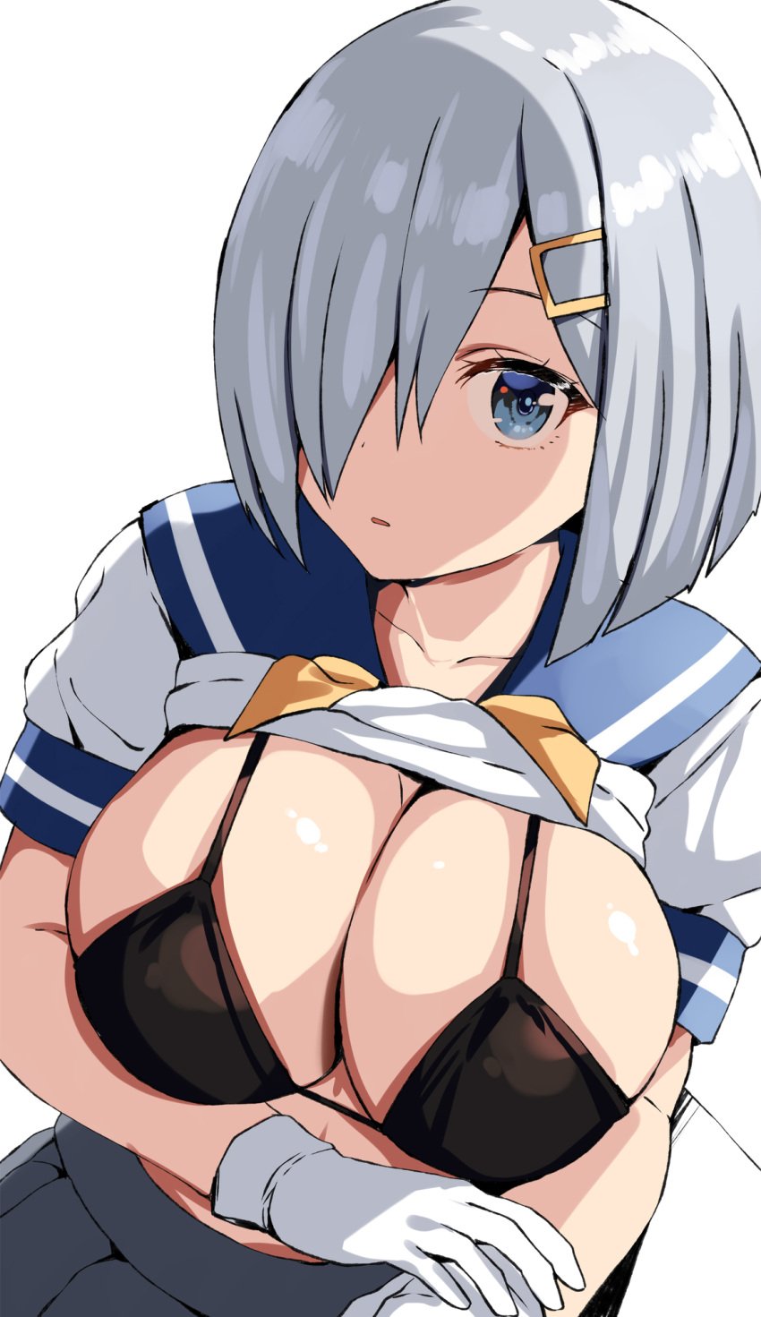 belko clothes_lift gloves hamakaze_(kantai_collection) kantai_collection lace-trimmed_bra lace_trim large_breasts looking_at_viewer nipple_bulge upper_body wide_eyed