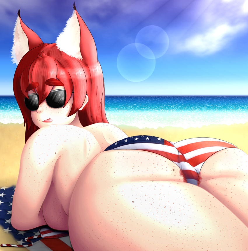 1girls american_flag american_flag_bikini ass beach bikini bikini_bottom breasts cat_ears chloe_(socks) fat_ass female freckles large_ass laying_on_stomach light-skinned_female mole original_character pale-skinned_female pubic_hair pubic_hair_peek red_hair socks_(artist) solo sunbathing sunglasses thick_eyebrows thick_thighs tinted_eyewear tongue_out topless