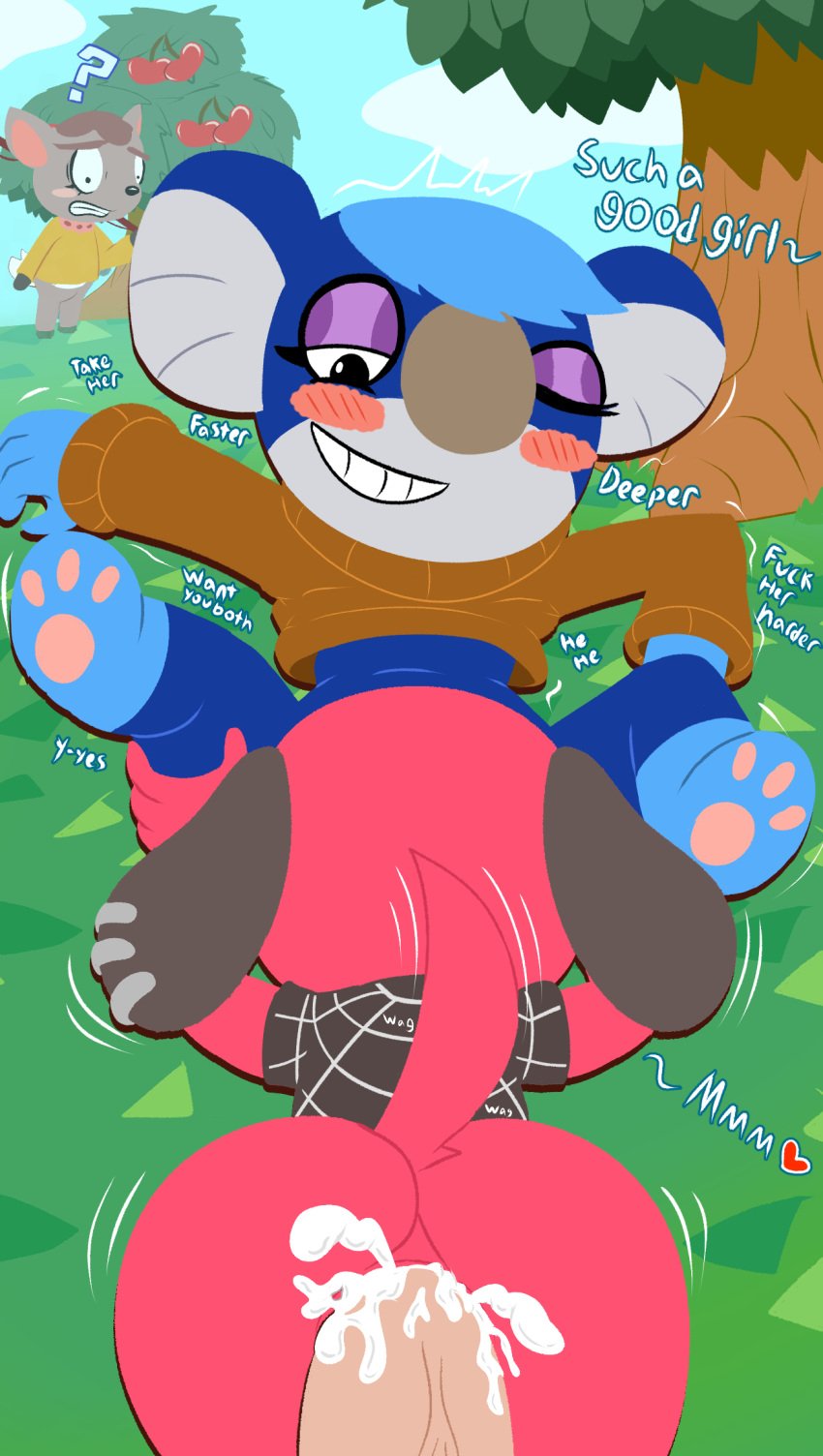 anal animal_crossing animal_crossing_pocket_camp anthro ass big_butt blue_body blue_fur blush bodily_fluids canid canine cherry cherry_(animal_crossing) cum cum_in_ass cum_inside deirdre_(animal_crossing) female female/female first_person_view food fruit fur genital_fluids group group_sex hi_res koala male male/female mammal marsupial nintendo oral outside pawpads paws plant red_body red_fur sex smile sunny threesome trio vombatiform weirdkoaladream yuka_(animal_crossing)