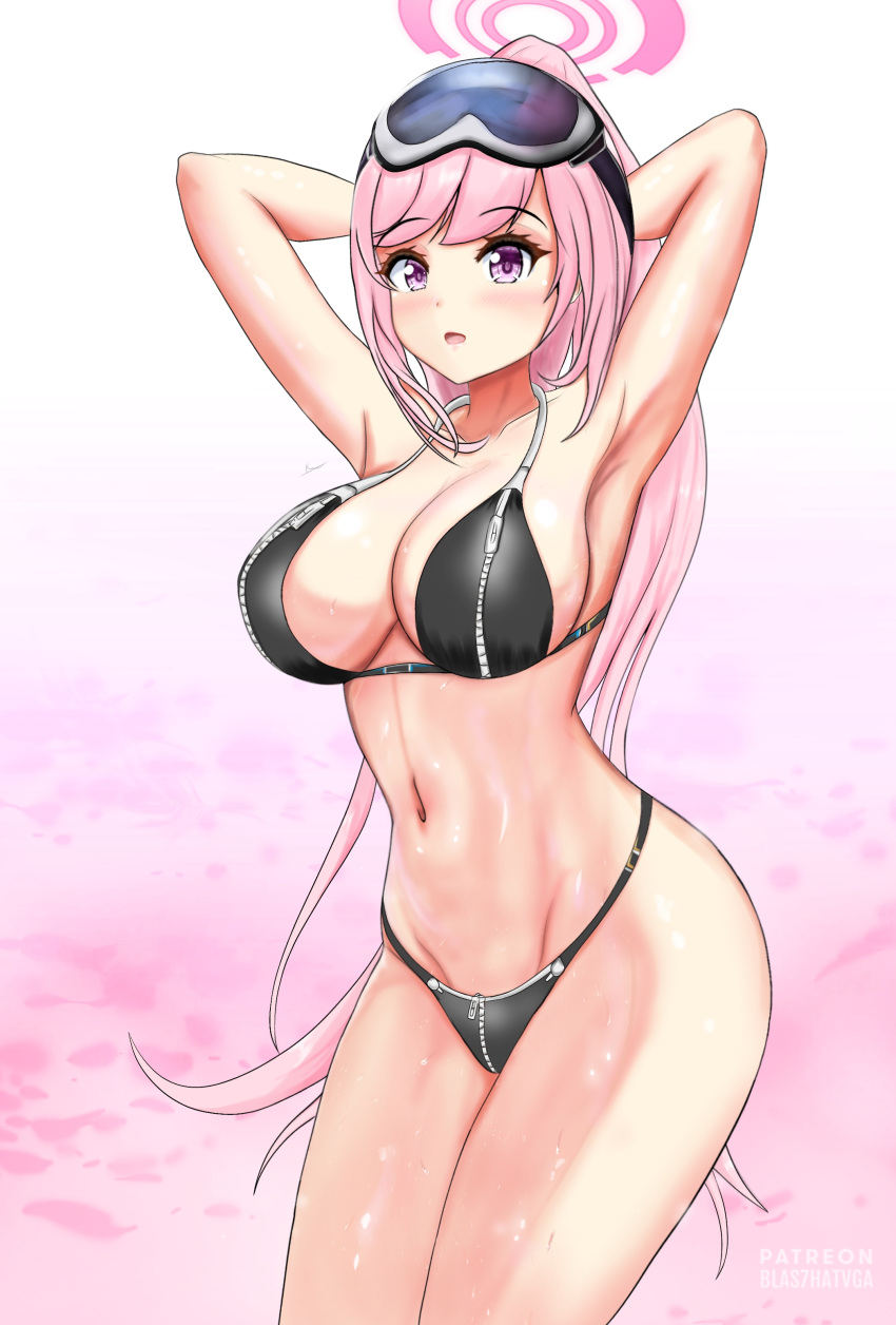 blas7hatvga blue_archive breasts eimi_(blue_archive) eimi_(swimsuit)_(blue_archive) exhibitionism fanart outdoors pink_hair purple_eyes zipper zipper_bikini zipper_panties