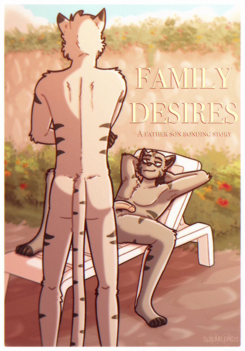 age_difference anthro ass bedroom_eyes cover cover_art cover_page digital_media_(artwork) domestic_cat duo english_text father_(lore) father_and_child_(lore) father_and_son_(lore) felid feline felis flaccid flirting fur fur_markings genitals grey_body grey_fur hair half-closed_eyes hi_res humanoid_genitalia humanoid_penis incest_(lore) jinx_(solarlewds) lawn_chair male male/male mammal markings narrowed_eyes nude parent_(lore) parent_and_child_(lore) parent_and_son_(lore) penis plant poster_design seductive shrub simon_(solarlewds) smile solarlewds son_(lore) tail text