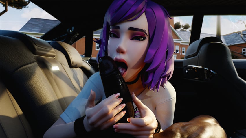 1boy 1girls 3d andavaverse big_penis blue_eyes bracelet car dark-skinned_male fellatio female inside_car interracial lateoutdated long_nails looking_at_viewer male male_pov oral pelo piercing pov purple_hair road_head sex shiny_skin shirt