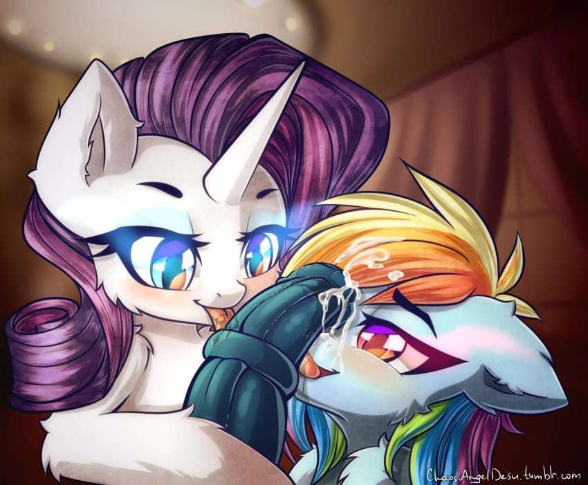 2018 animal_genitalia animal_penis blurred_background chaosangeldesu cum cum_in_hair duo_focus equine equine_penis female friendship_is_magic fur group hair hi_res horn horsecock licking male mammal multicolored_hair my_little_pony oral penis rainbow_dash_(mlp) rainbow_hair rarity_(mlp) sex straight straight_hair tongue tongue_out unicorn