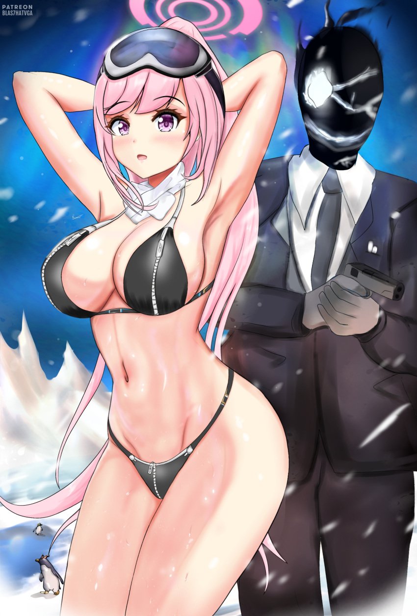 arctic blas7hatvga blue_archive breasts eimi_(blue_archive) eimi_(swimsuit)_(blue_archive) exhibitionism fanart gun ice outdoors penguin pink_hair pistol purple_eyes snow villain weapon zipper zipper_bikini zipper_panties