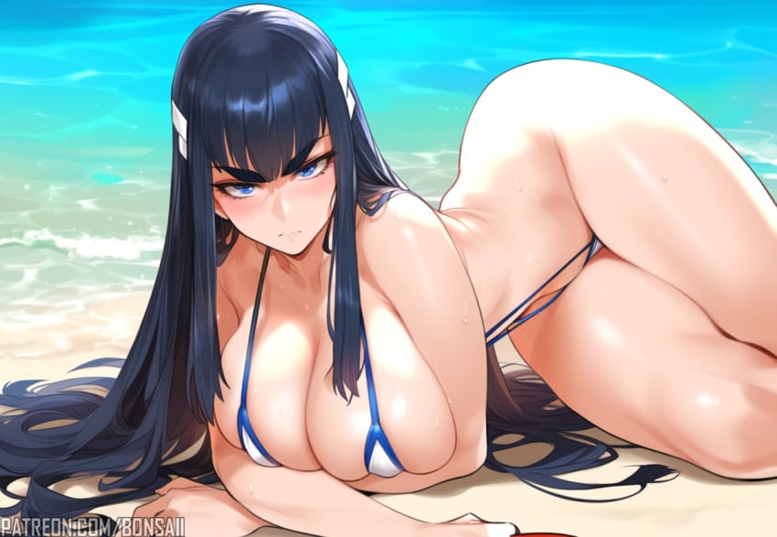 1girls ai_generated asian asian_female bare_arms bare_legs bare_shoulders bare_thighs beach big_breasts black_hair blue_eyes blush bons_ai breasts closed_mouth clothed clothing color female female_focus female_only hi_res hourglass_figure kill_la_kill kiryuuin_satsuki large_breasts light-skinned_female light_skin long_hair looking_at_viewer lying lying_on_side narrow_waist nipples_visible_through_clothing ocean one-piece_swimsuit paag revealing_swimsuit sand sea solo solo_female swimwear tagme thick_eyebrows thick_thighs water