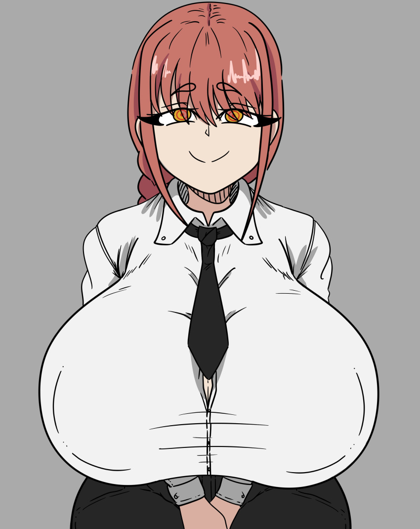 1girls big_breasts chainsaw_man female female_only huge_breasts inakotho large_breasts looking_at_viewer makima_(chainsaw_man) nipple_bulge ponytail red_hair solo solo_female solo_focus tie wide_hips