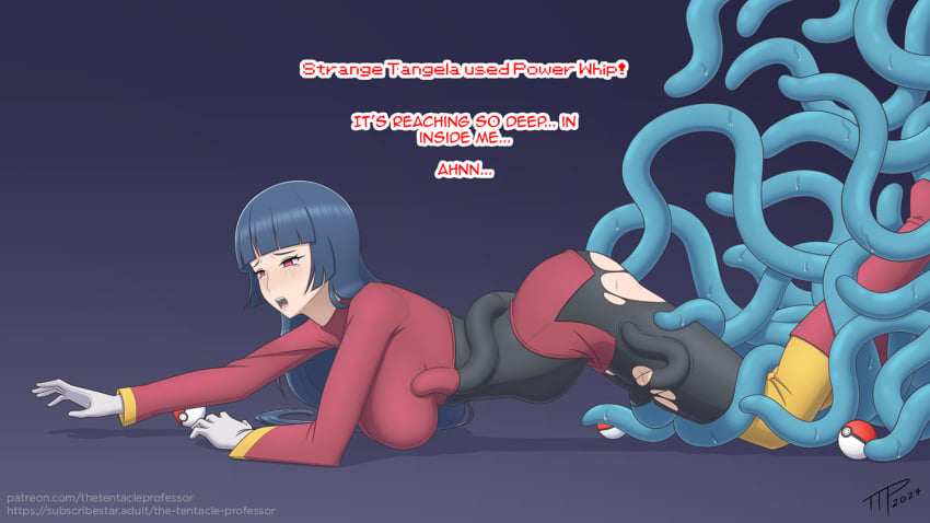 1girls ass big_breasts blue_tentacles blush clothed_sex clothing doggy_style female from_behind gloves gym_leader interspecies long_hair male_pokemon/female_human nintendo on_the_floor open_mouth penetration pokeball pokemon pokemon_(species) rape restrained sabrina_(pokemon) side_view spread_legs stomach_bulge sweat tangela tears tentacle tentacle_under_clothes text the_tentacle_professor torn_clothes vaginal_penetration