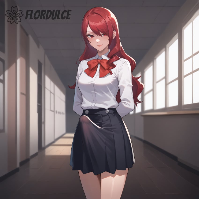 ai_generated erect_penis erection erection_under_clothes erection_under_clothing erection_under_skirt flordulce futanari hallway hands_behind_back indoors mitsuru_kirijo penis persona persona_3 red_eyes red_hair school school_hall school_uniform seductive seductive_look seductive_smile skirt standing uniform