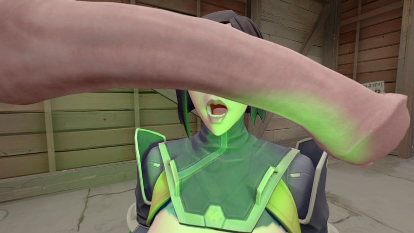 3d 3d_(artwork) 3d_model black_hair exposed_breasts green_eyes horse horse_penis horsecock humiliated humiliation latex_suit open_mouth ranch sfm valorant viper_(valorant) zoophilia